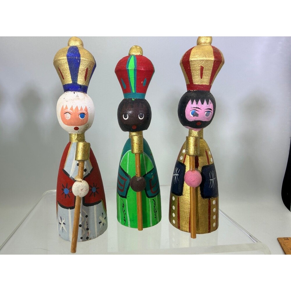 Vintage Hand-Painted Wooden 3 Wise Men Kings Christmas Kitschy Nativity